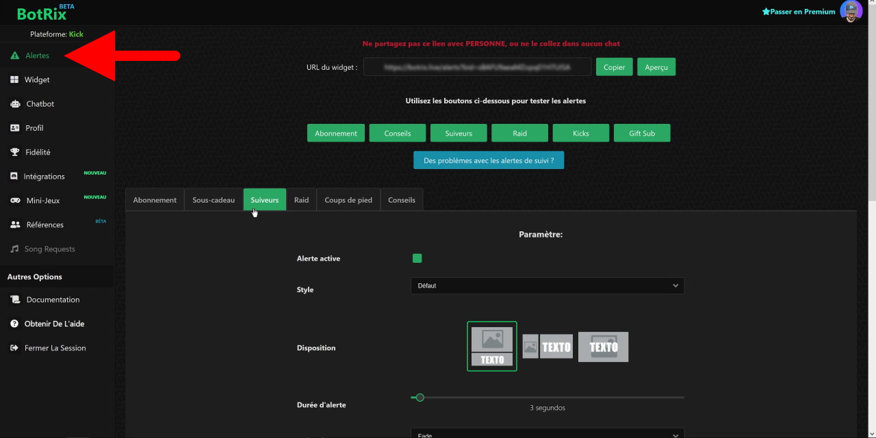 Botrix Alert Settings Comment Streamer sur Kick