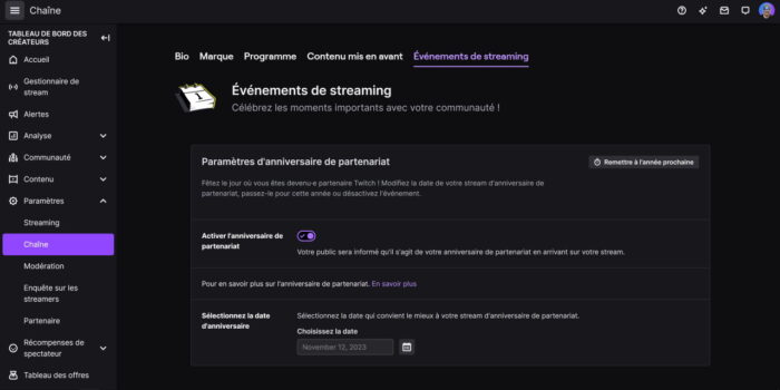twitch événements de streaming anniversaire