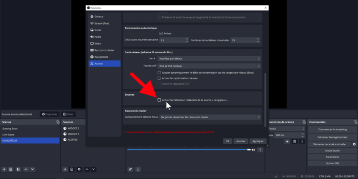 obs désactiver accélération matérielle