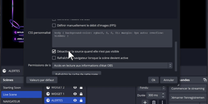 obs désactiver source navigateur non visible
