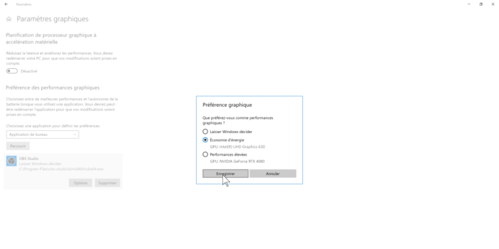 windows forcer gpu intégré sur une appli
