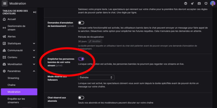 twitch empĂŞcher un banni de regarder option
