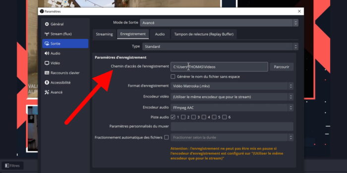 obs studio chemin des enregistrements