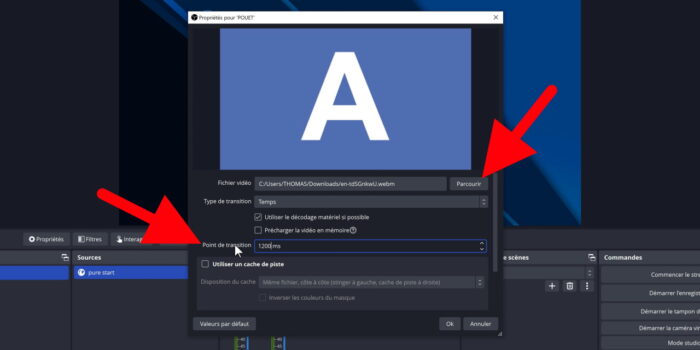 obs studio prorpriétés transition stinger