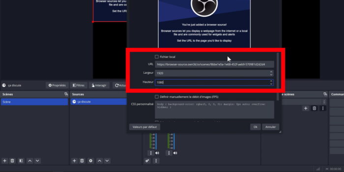 own3d pro propriétés de la source navigateur sur obs