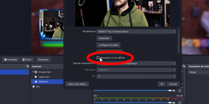 obs source périphérique de capture désactivé si non affiché