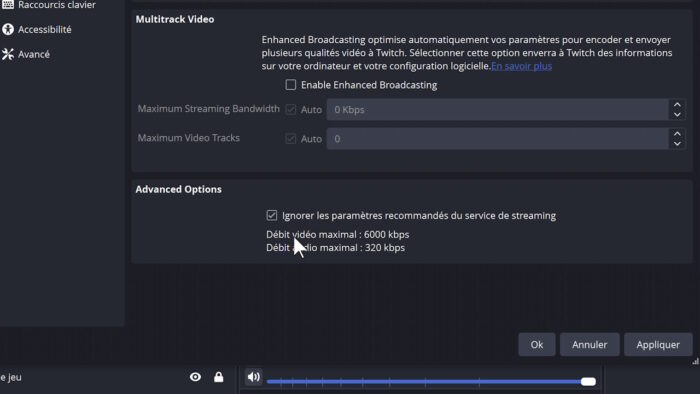 obs option pour débrider le bitrate sur twitch