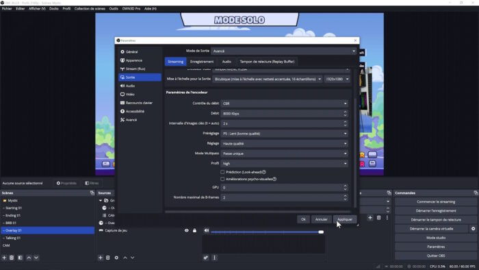 obs réglages encodeur pour overlay own3d pro