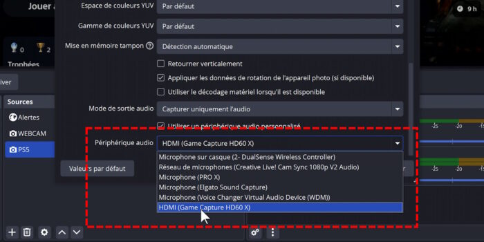 obs source périphérique de capture forcer un périphérique audio