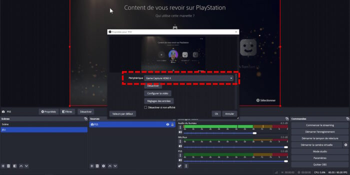 obs source périphérique de capture vidéo choisir la carte