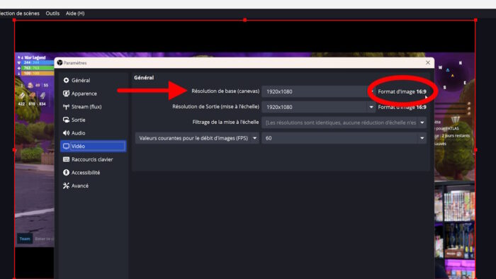 obs studio résolution de base au format 16-9