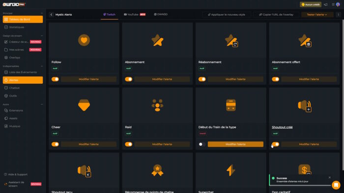 own3d pro choix des alertes à activer