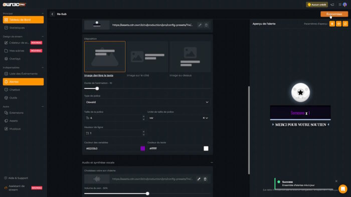 own3d pro réglages des alertes mystic