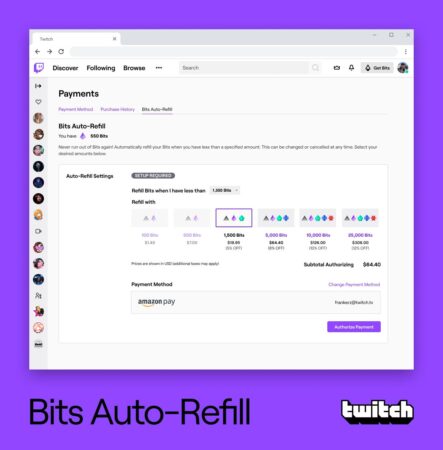 twitch auto-refill des bits présentation de la feature