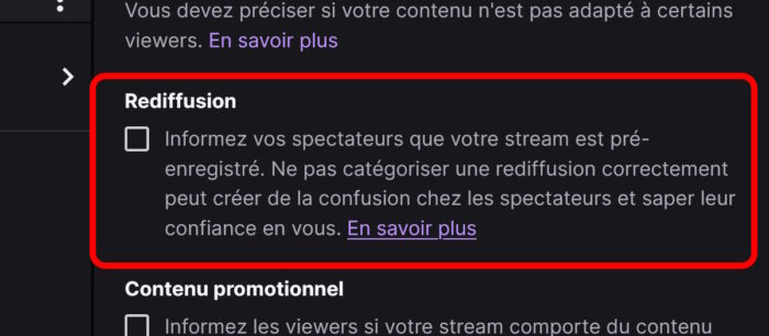 twitch option pour indiquer qu'un live est une rediffusion