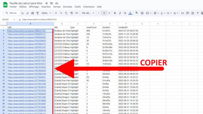 google sheets csv de la liste des temps forts twitch