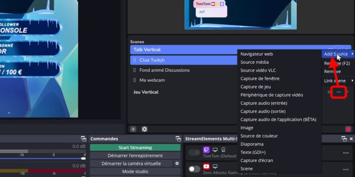 création d'une source sur le nouveau canevas vertical