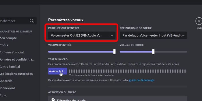 discord ajout du périphérique voicemeeter out B2 comme entrée
