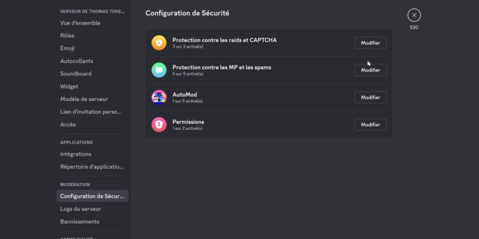 discord menu modération configuration de sécurité