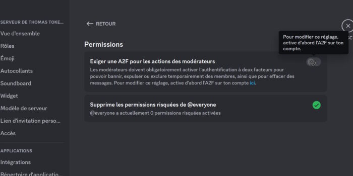 discord option a2f pour les modérateurs