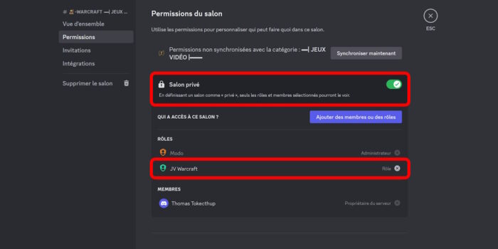 discord permmission spécifique à un rôle dans un salon donné