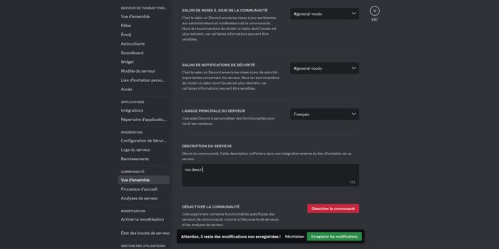 discord vue d'ensemble dans le menu communauté
