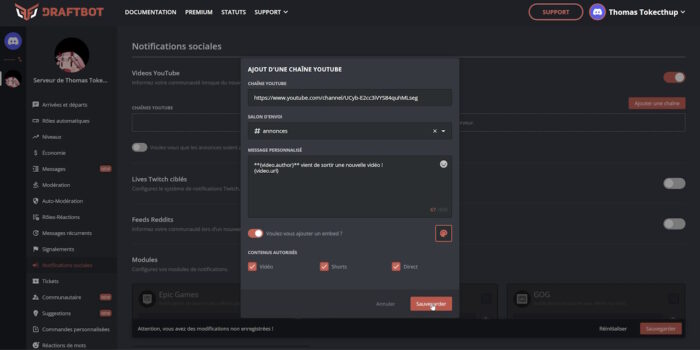 draftbot ajout de chaîne youtube dans les notifications sociales