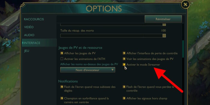 league of legends menu interface activer le mode streamer