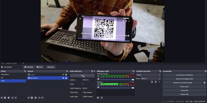 obs studio Audio Video Sync Dock pattern de mesure