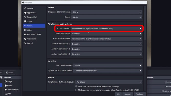 obs studio ajout de la piste musique voicemeeter aux input
