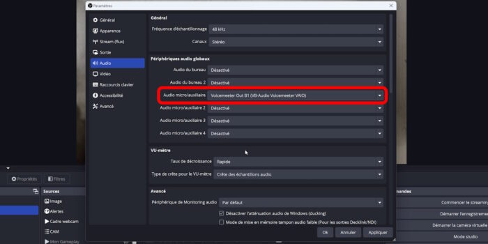obs studio ajout du périphérique voicemeeter out B1 en tant que micro