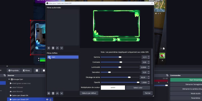 obs studio ajout d'un filtre de correction des couleurs sur le cadre de cam