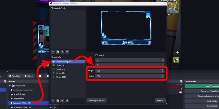 obs studio ajout d'un filtre de rognage sur le cadre bleu