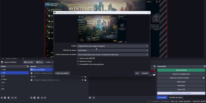 obs studio capture de fenêtre du client lol