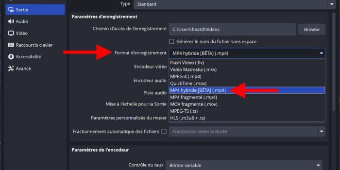 obs studio choix du format d'enregistrement