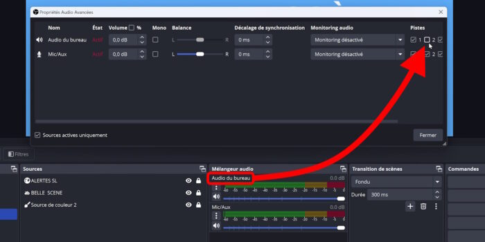 obs studio désactivation de la piste 2 pour la musique