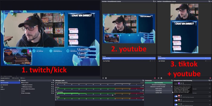 obs studio interface avec 3 canevas différents