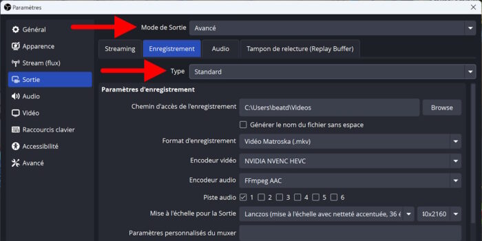 obs studio menu sortie onglet enregistrement mode de sortie avancé