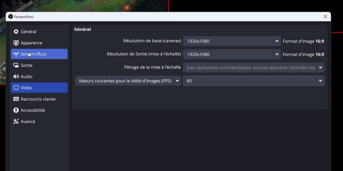 obs studio menu vidéo réglages pour lol sur twitch
