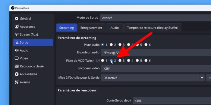 obs studio option de piste vod twitch avec piste 2 activée