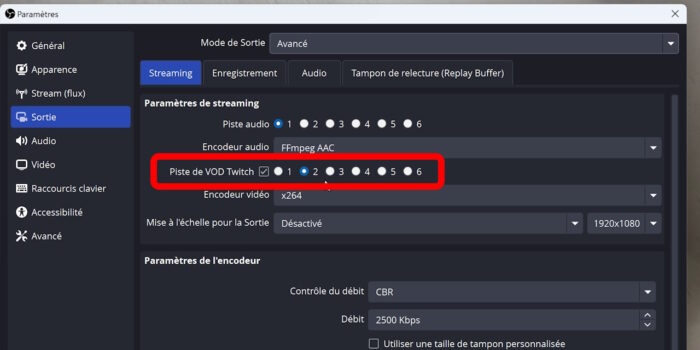obs studio option piste vod twitch dans le menu sortie