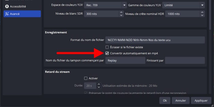 obs studio option pour convertir les enregistrements en mp4