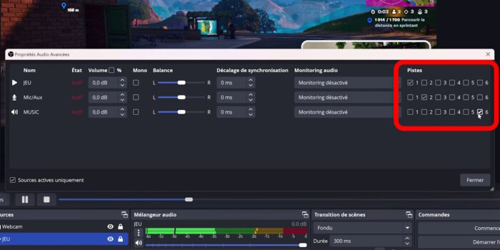 obs studio paramètres audio avancés réglages avec 3 pistes séparées