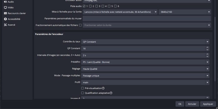 obs studio paramètres encodeur pour enregistrement destiné à du montage
