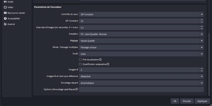 obs studio paramètres encodeur pour enregistrement destiné à youtube