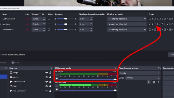 obs studio propriétés audio avancées avec piste 2 décochée pour la musique