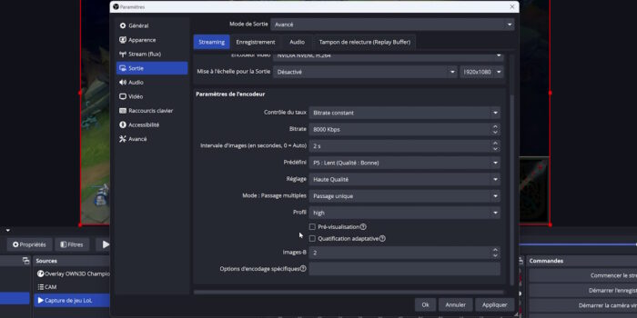 obs studio réglages nvenc pour lol sur twitch