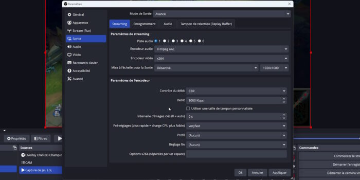 obs studio réglages x264 pour lol sur twitch