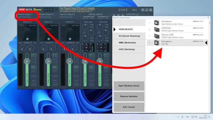 voicemeeter sélection du périphérique d'écoute A1