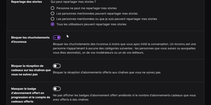 option pour bloquer les chuchotements d'inconnus sur twitch